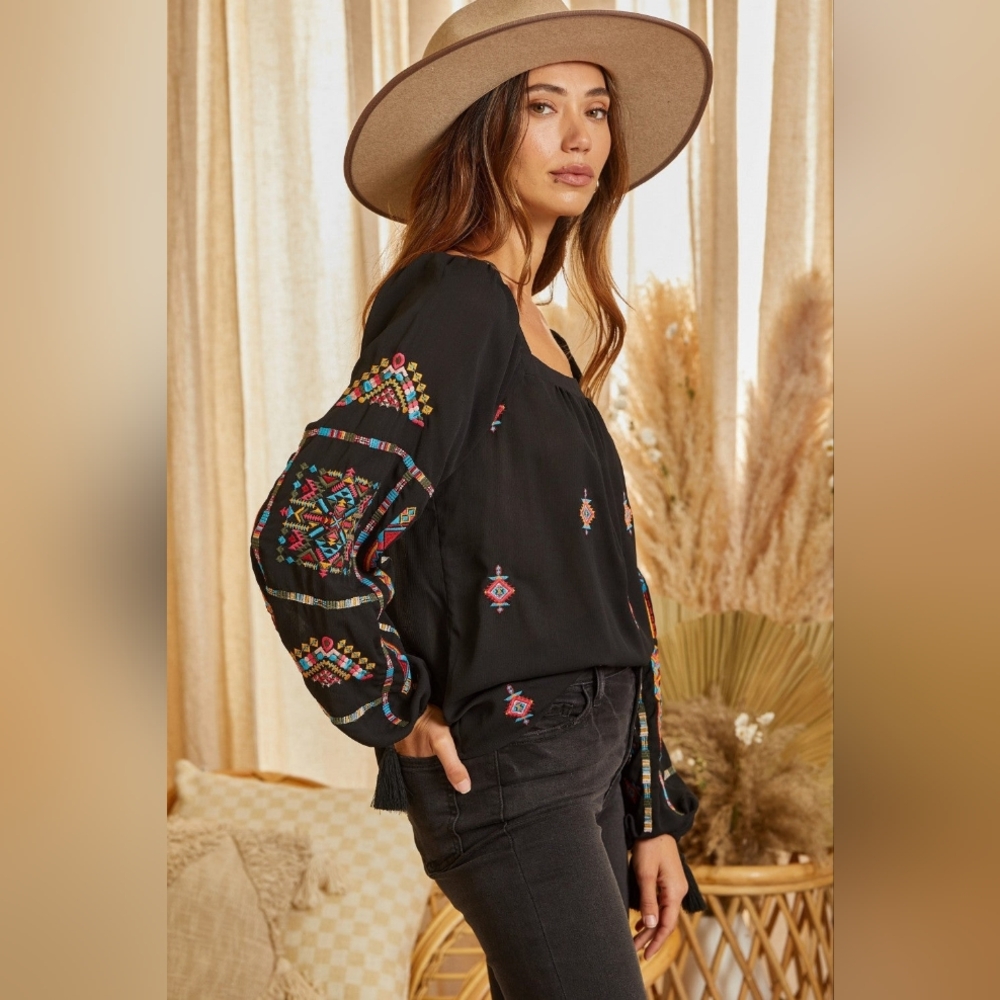 Savanna Jane Black Blouse with Colorful Embroidery - Picture 3 of 10